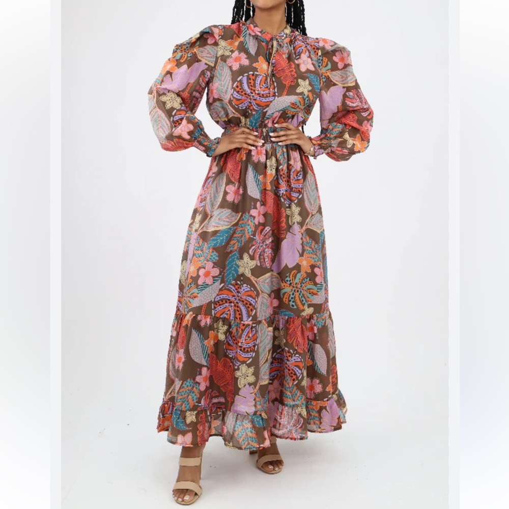 New FATE Spring Floral Tropical Vibrant Flowy Maxi Dress Puff Long Sleeve small